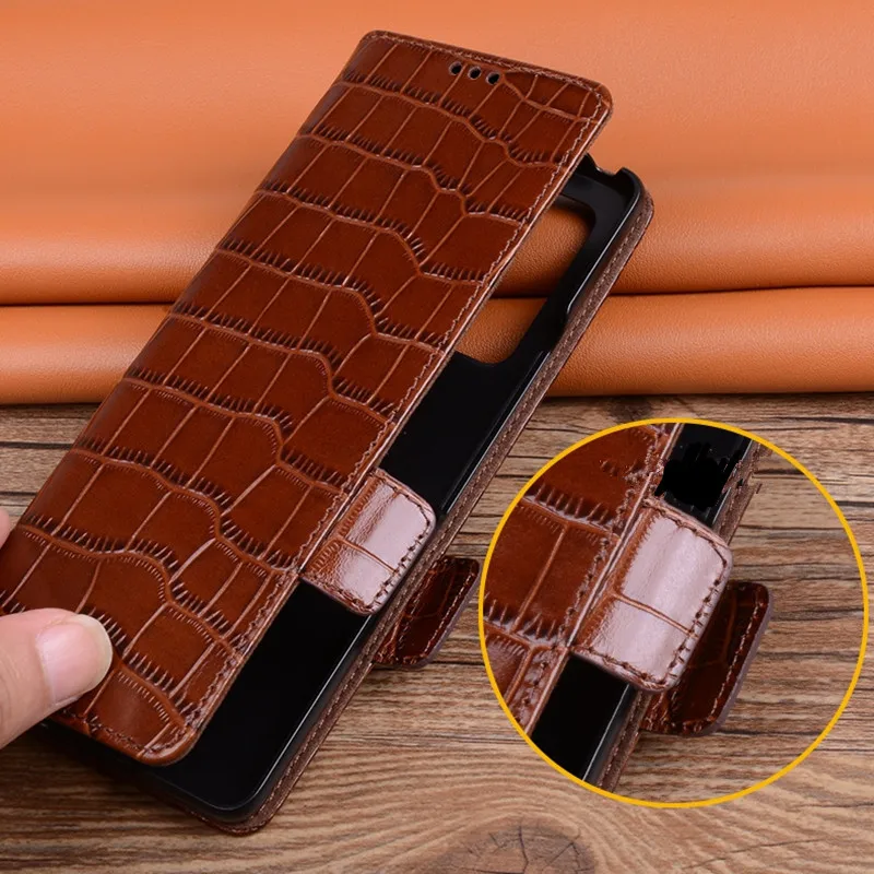 Genuine Leather Magnetic Flip Case for Samsung Galaxy Z Fold 4 3 2 Fold3 Crocodile Alligator Grids Grain Protective Phone Cover