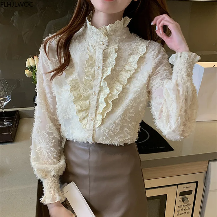

Hot Sales Feminine Stand Collar Tops Women Long Sleeve Elegant Office Lady Solid Single Breasted Button Shirts D0462