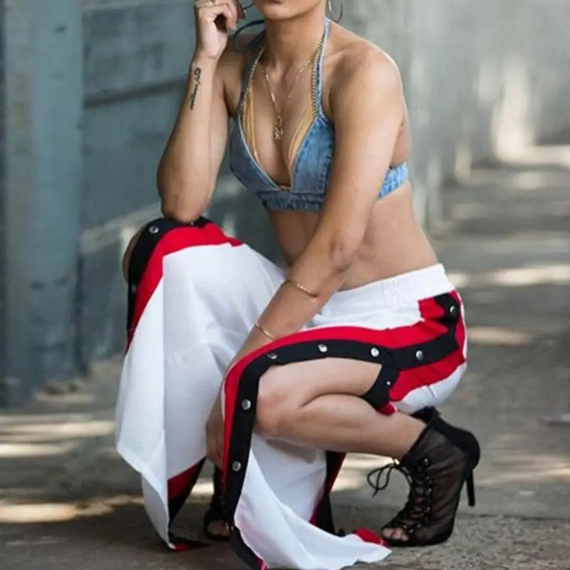 Модные женские повседневные длинные брюки с разрезом на пуговицах широкими