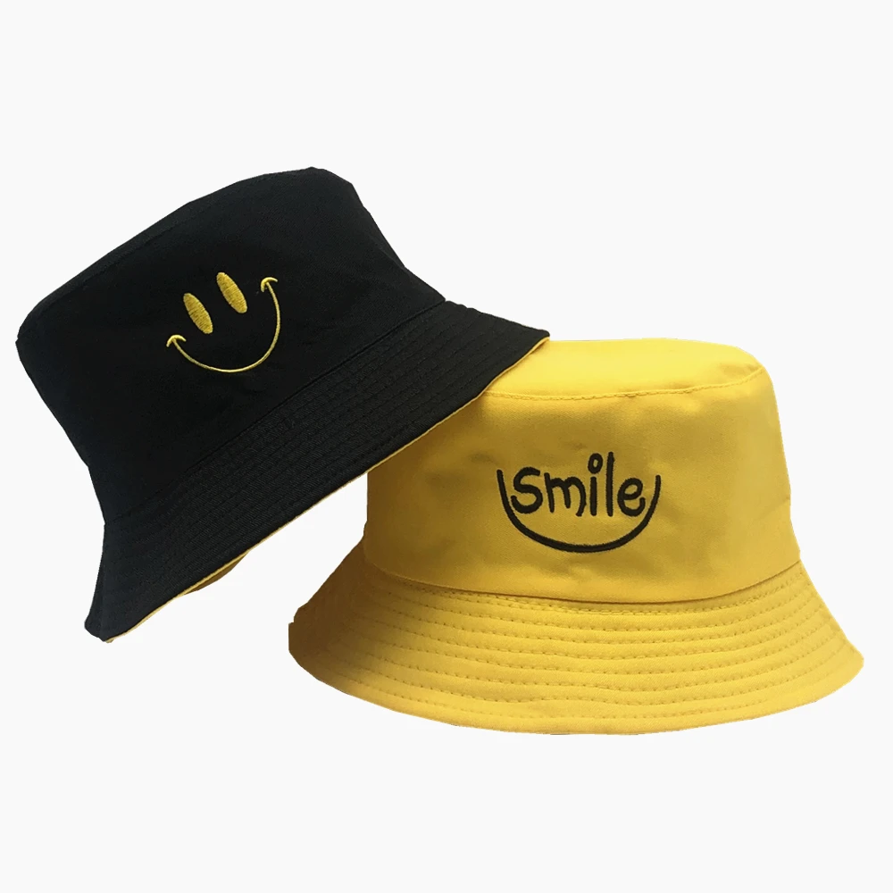 

SMILE Bucket Hat Double Sided Bucket Hat Smiling Face Unisex Fashion Bob Cap Hip Hop Gorro Men Summer Cap wholesale