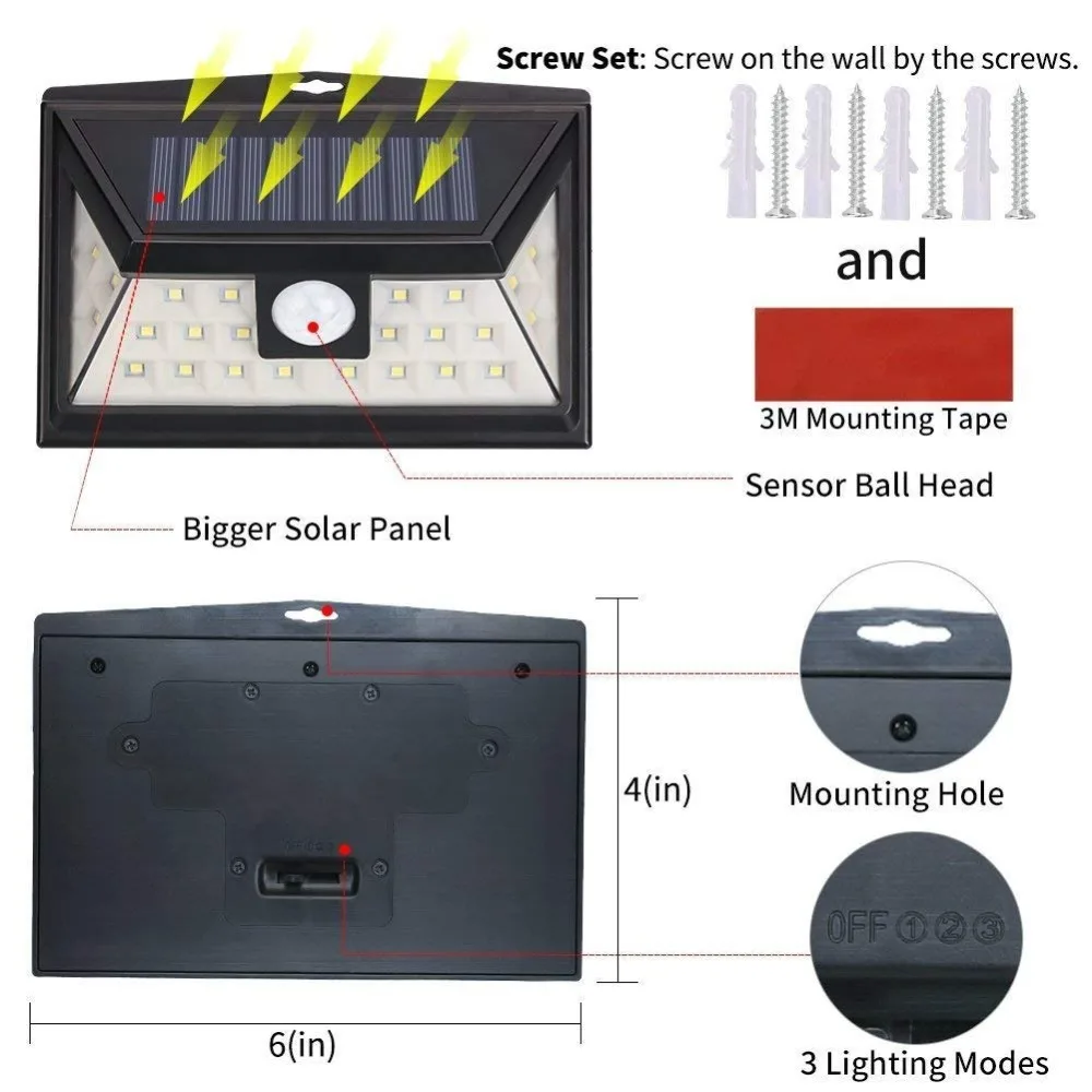 24 LED Solar Outdoor Lighting Night Lampion Super Bright Security Motion Sensor Wall Lamp Waterproof IP65 Yard Light | Лампы и
