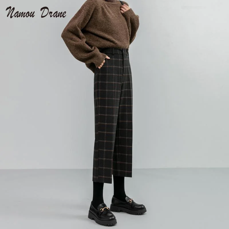 

Loribindwood 2021 Autumn and Winter Woolen Knickers Trousers Cropped Trousers Thick Women's Trousers Lattice Straight Slim Fit