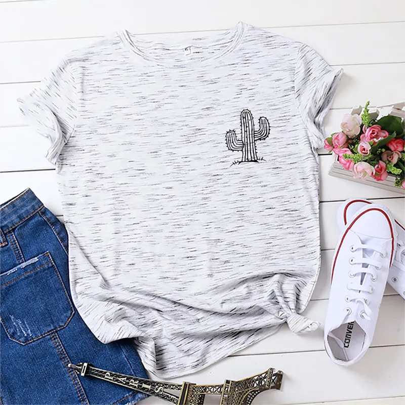 

Dreamlikelin Summer Plus Size Female Cactus Cotton T-shirt Artistic Plant Pattern Short Sleeve T Shirts S-5XL