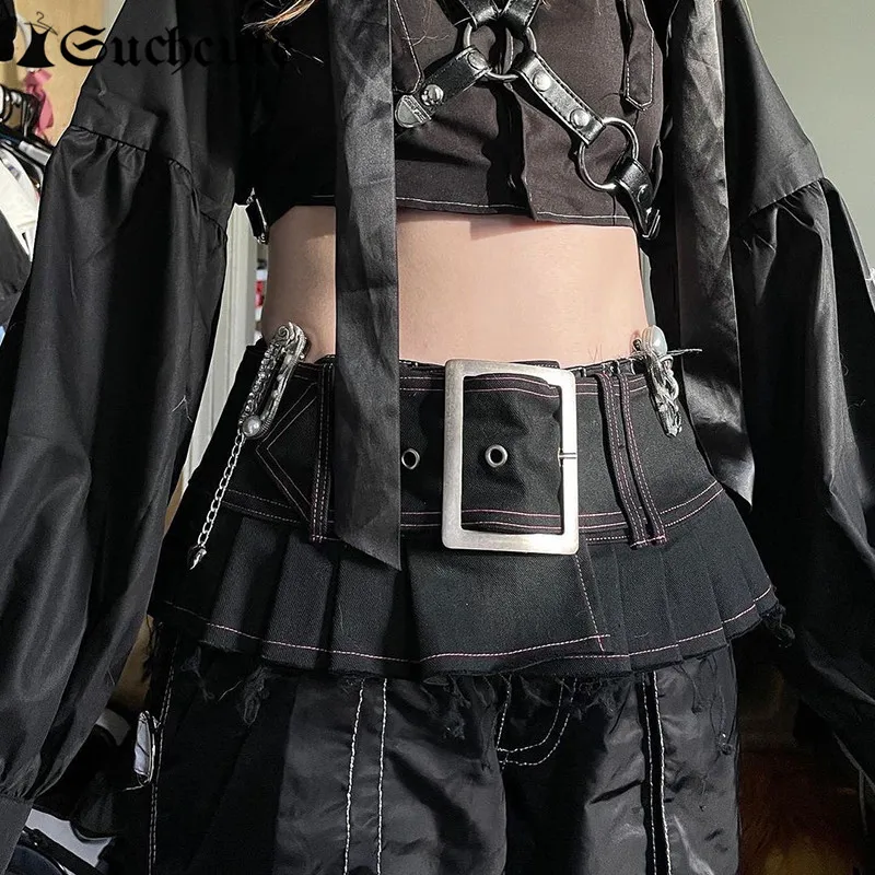 

SUCHCUTE Gothic Solid Women Pleated Skirt With Belt Dark Academic Sexy Mini Skirts Grunge Fairycore Casual Streetwear Clothes
