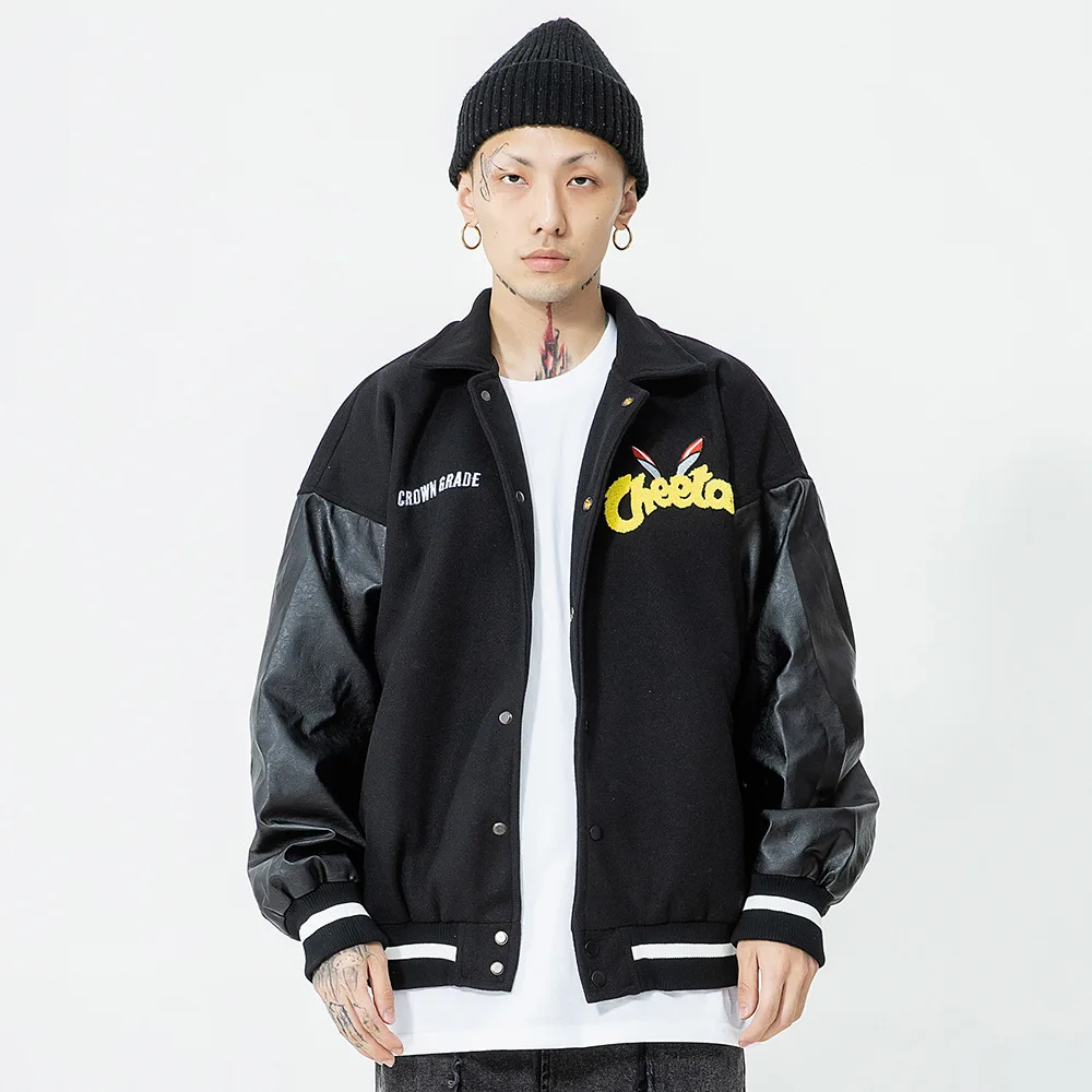 Мужская куртка-бомбер из искусственной кожи в стиле пэчворк с нашивкой аниме