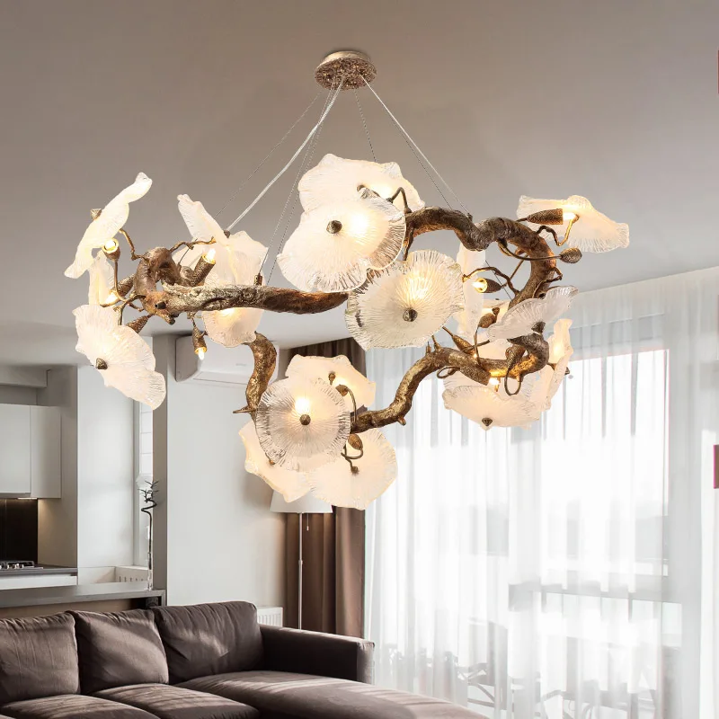 

New Chinese Style Ceiling Lamp Living Room Dining Table Simple Copper Original Hotel Vintage Classic Tea Room Glass Branch