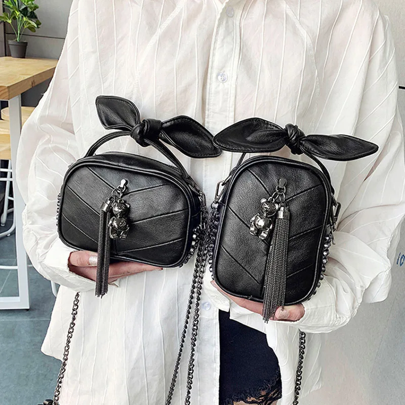 Черные сумки для телефона женщин из искусственной кожи с кисточкой в стиле ретро