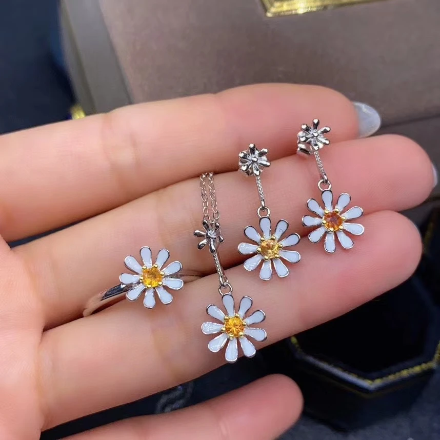 

fashion Lovely Flowers S925 silver natural yellow sapphire gem pendant ring natural gemstone jewelry set woman party jewelry