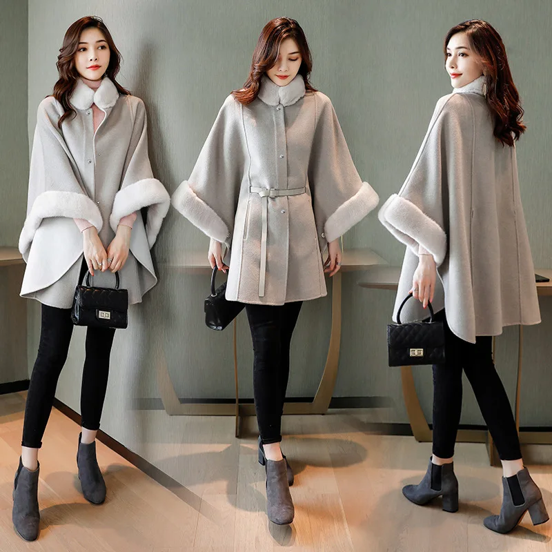 

Woolen Coat Female 2021Autumn Winter Korean Elegant Loose Slim belt Stand-up Collar Wind Women Parka Bat Seven-Point Sleeve Tops