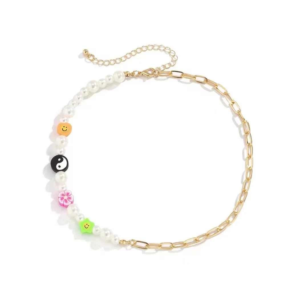 

5PCS, Punk Multi-Layered Pearl Choker Necklace For Women Simple Smiley Clay Necklace DIY Charms Handmade Jewelry