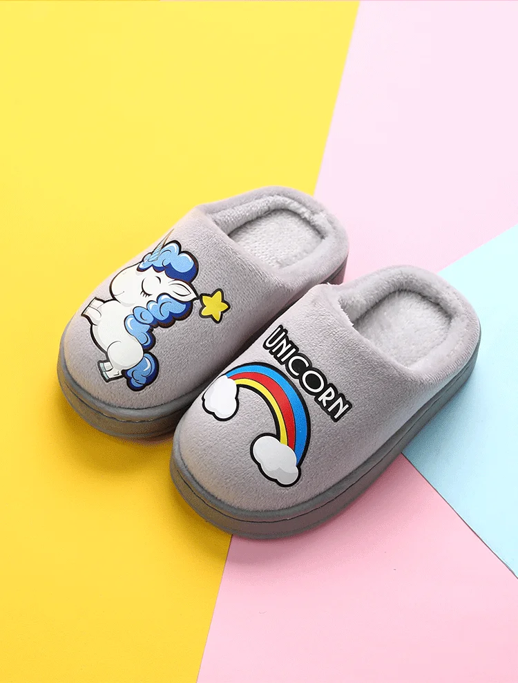 Мини Зимние детские тапочки с единорогом домашняя обувь для мальчиков и девочек
