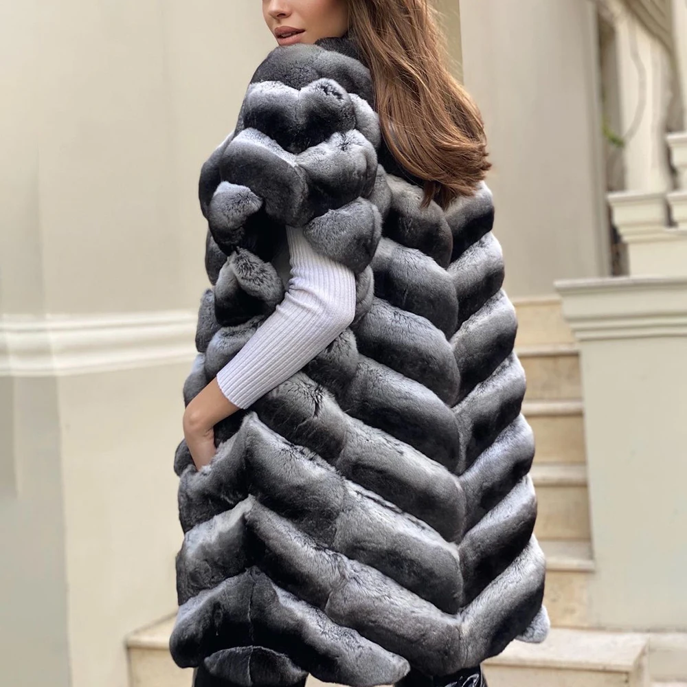 2022 New Real Rex Rabbit Fur Coats Medium Length Stand Collar Genuine Rex Rabbit Fur Coat Short Sleeve Luxury Fur Outwear Female