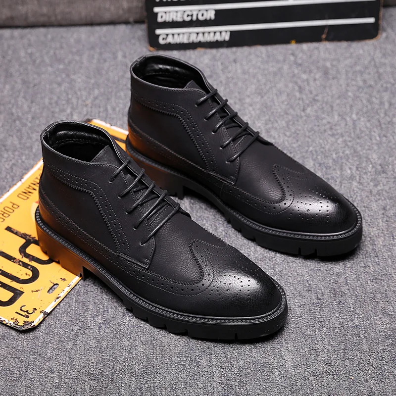 

men fashion party nightclub dress genuine leather brogue shoes carved bullock shoe platform boots lace-up ankle boot zapato bota