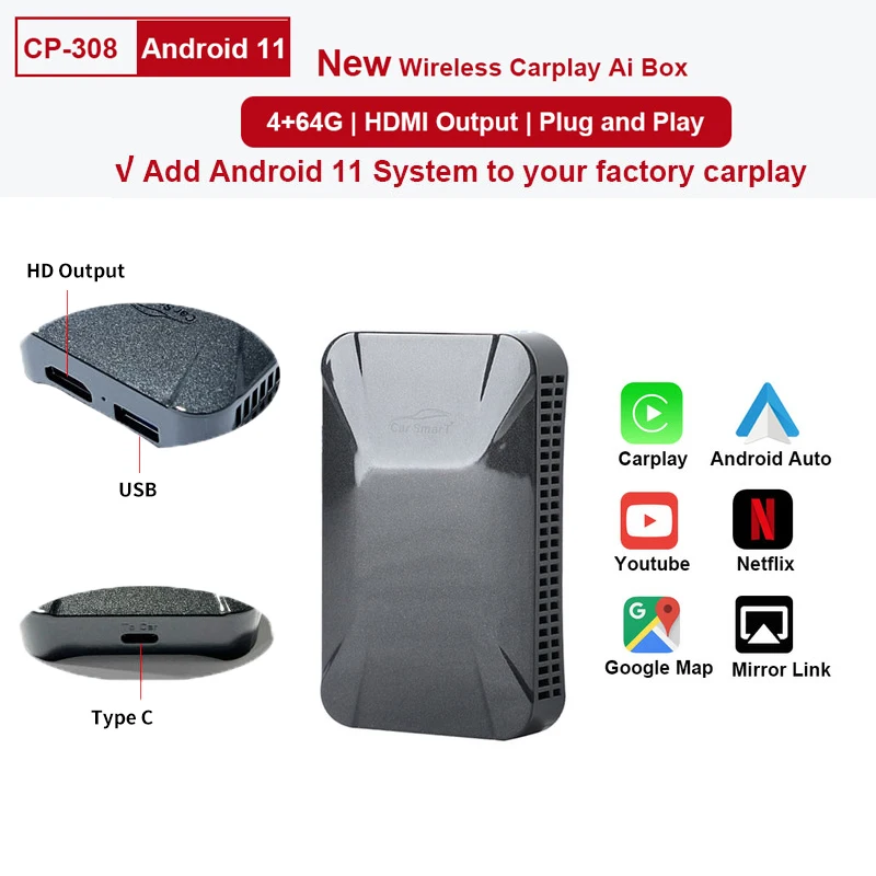 Новинка 2021 Carplay Ai Box Android 11 0 4 + 64 ГБ новый стиль поддержка HD-выхода беспроводной Google