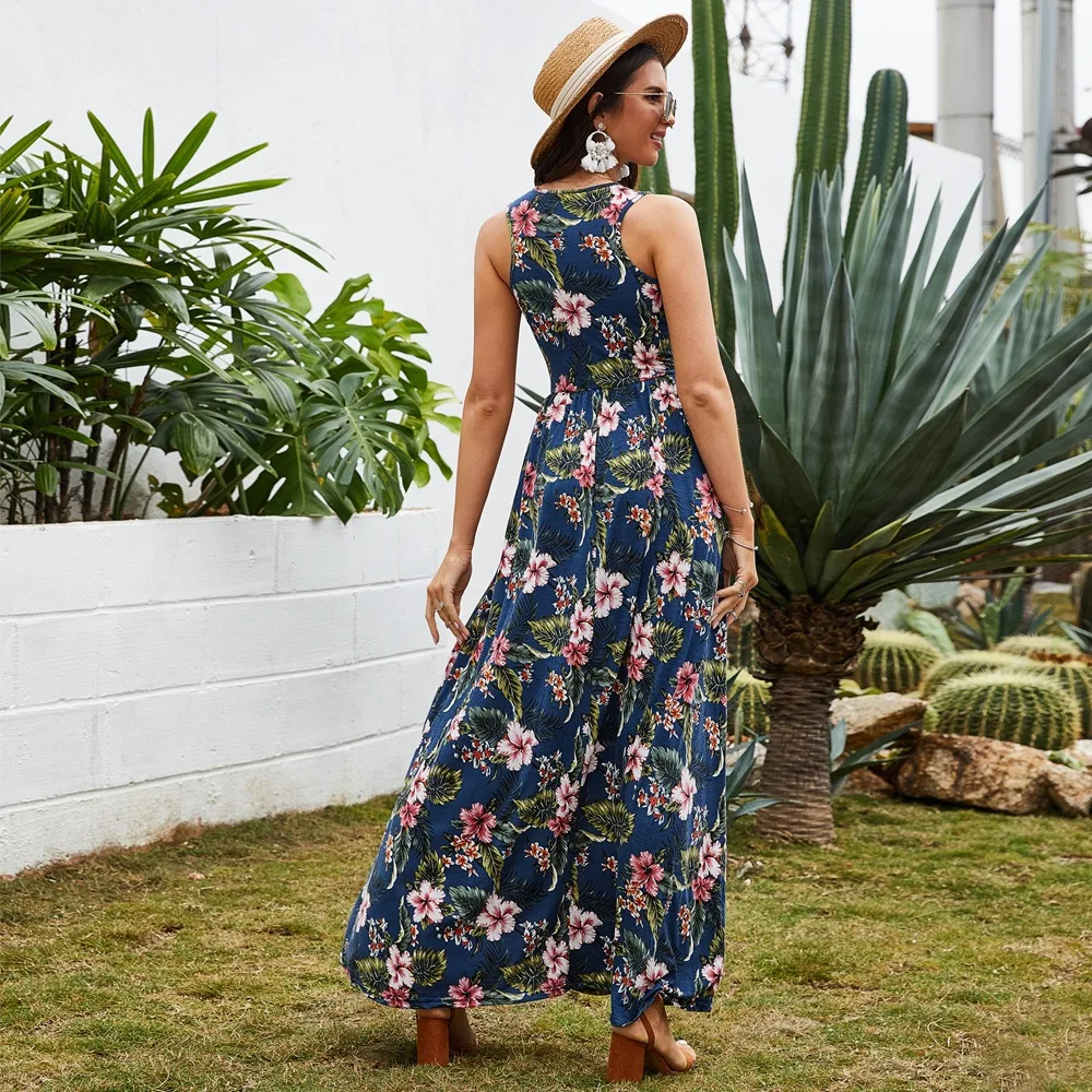 

Storyever Casual Women's Dresses Hot-Selling Round Neck Print Summer Bohemia Style Large-Size Floral Long Skirt