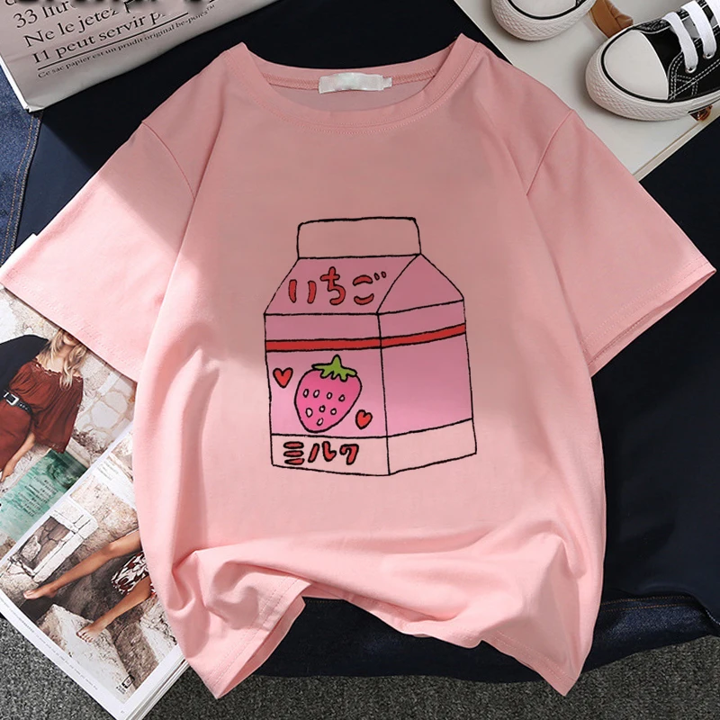 Japan Strawberry Juice Graphic Print T-shirt Women 2020 New Summer Fashion Tshirt Tee Harajuku Aesthetic Pink Top Female T Shirt