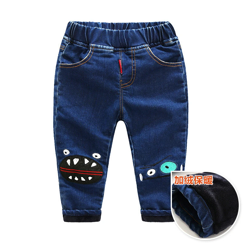 

Детские зимние джинсы для отдыха плюс бархатные джинсы для мальчиков плюс бархатные Слаксы с мультяшным рисунком узкие теплые утепленные д...