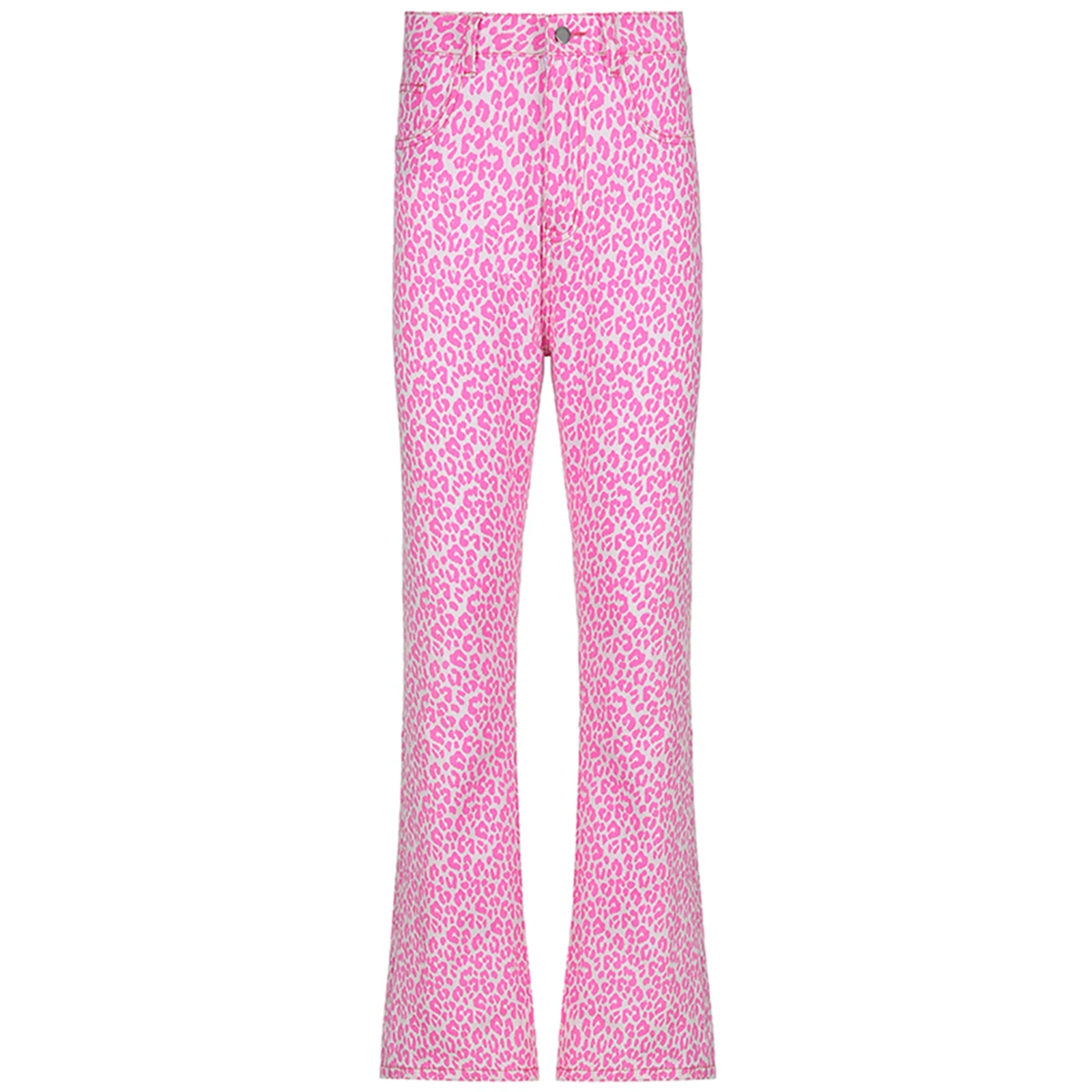 

Women Flared Pants Pink Leopard Printed Pattern High Waist Trousers with Pockets S/ M/ L