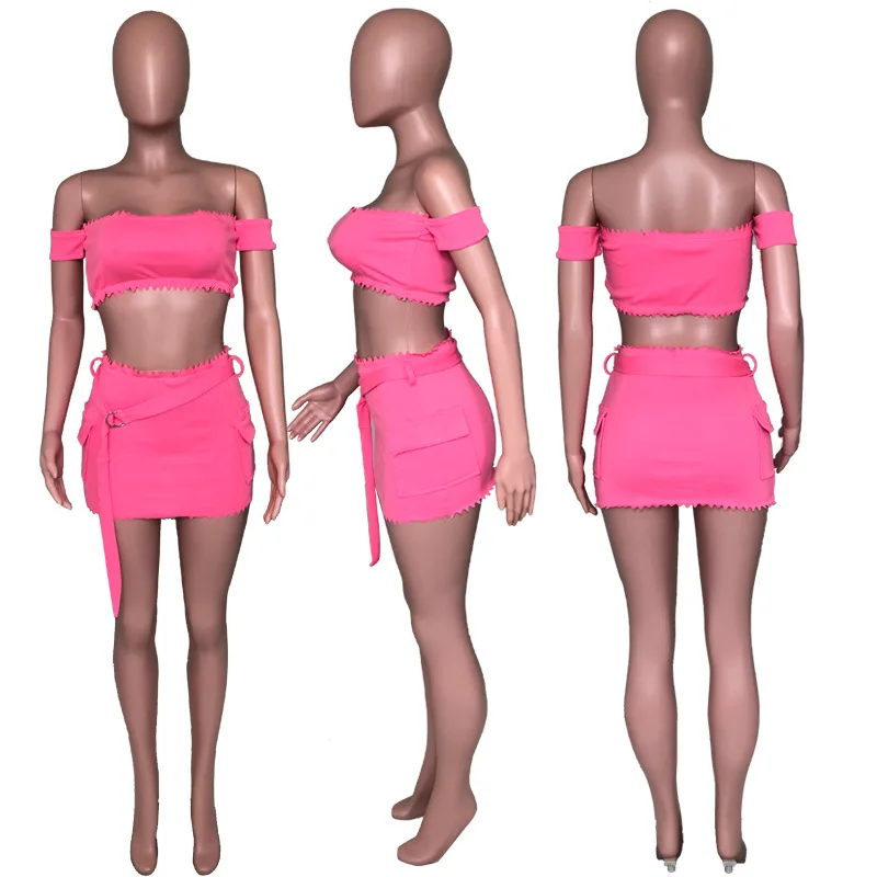 

2020 Summer Women's Set Slash Neck Strapless Crop Top Mini Skirts Suit Two Piece Set Sexy Tracksuit Night Outfit