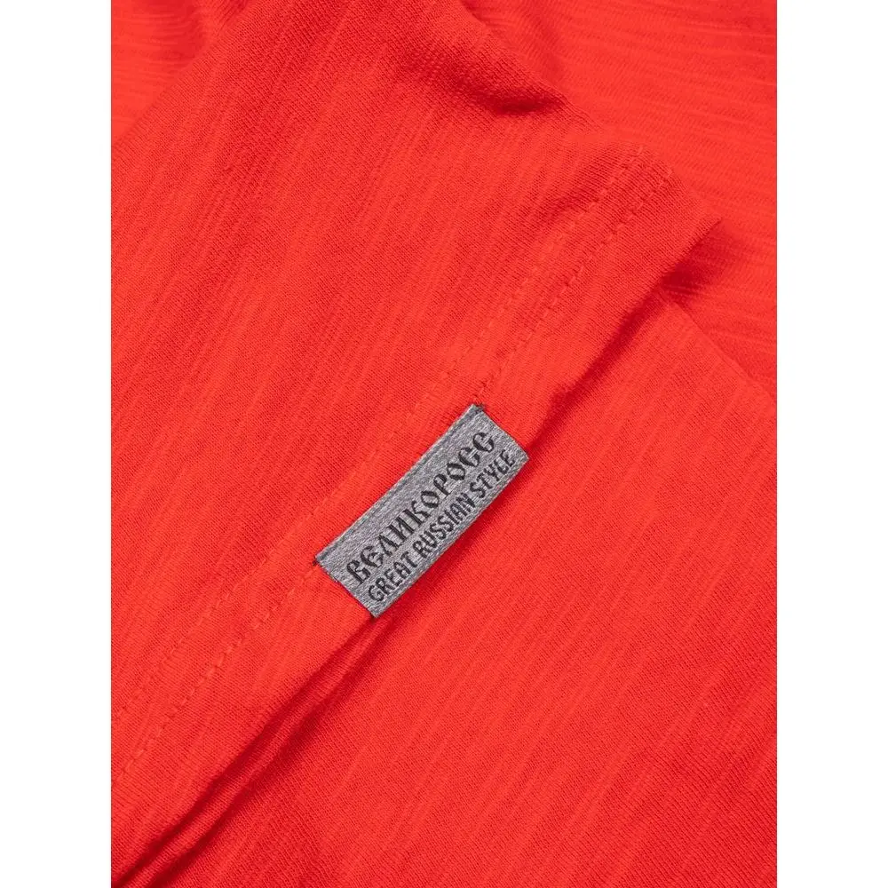 Лонгслив Великоросс однотонный алого цвета V образный ворот фламированная