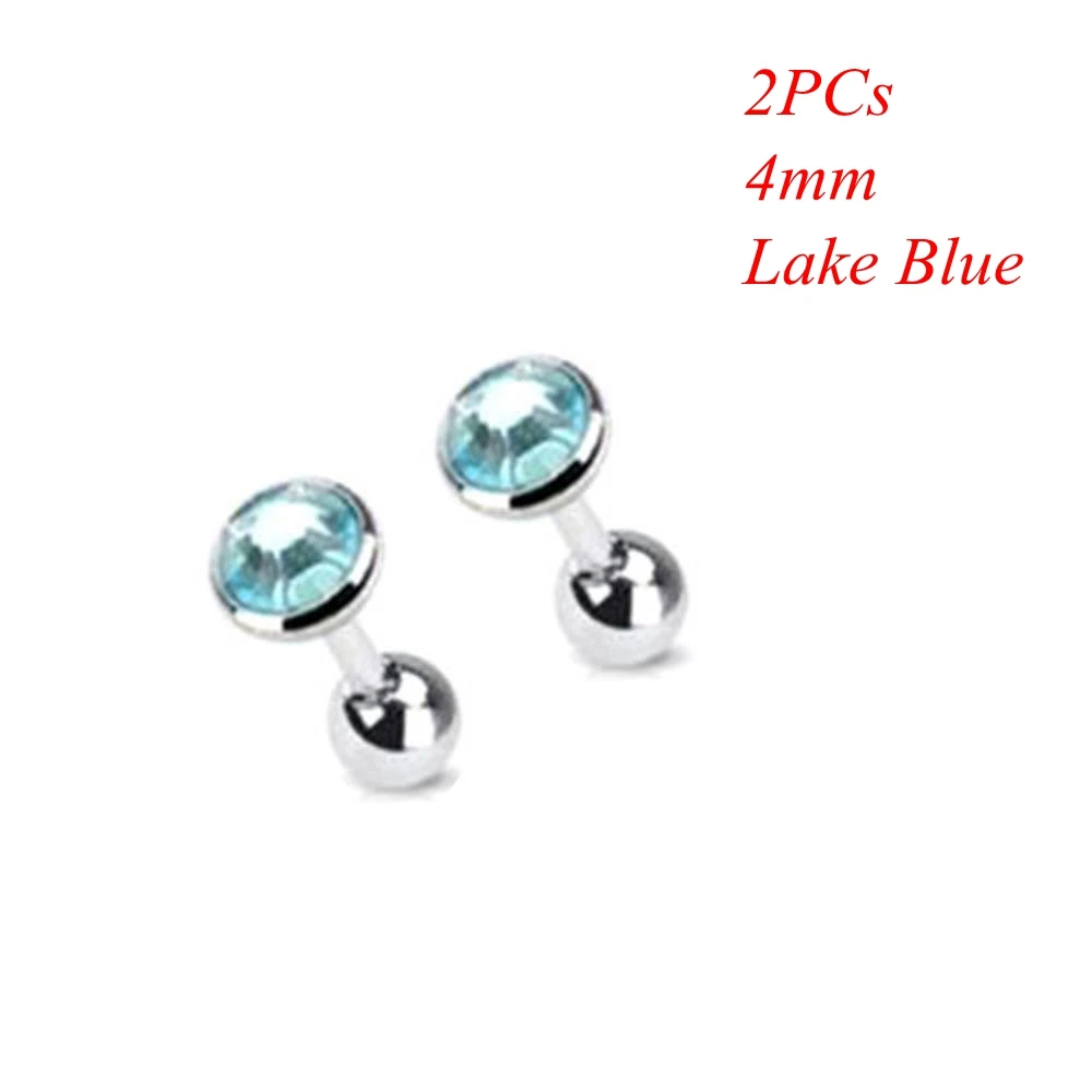 4mm lake blue 2 шт хирургическая сталь драгоценный камень штанга ушной хрящ трагус спираль серьга-гвоздик для пирсинга Циркон многоцветные серьги гвоздики ювелирные аксессуары - Окраска металла: 4mm lake blue