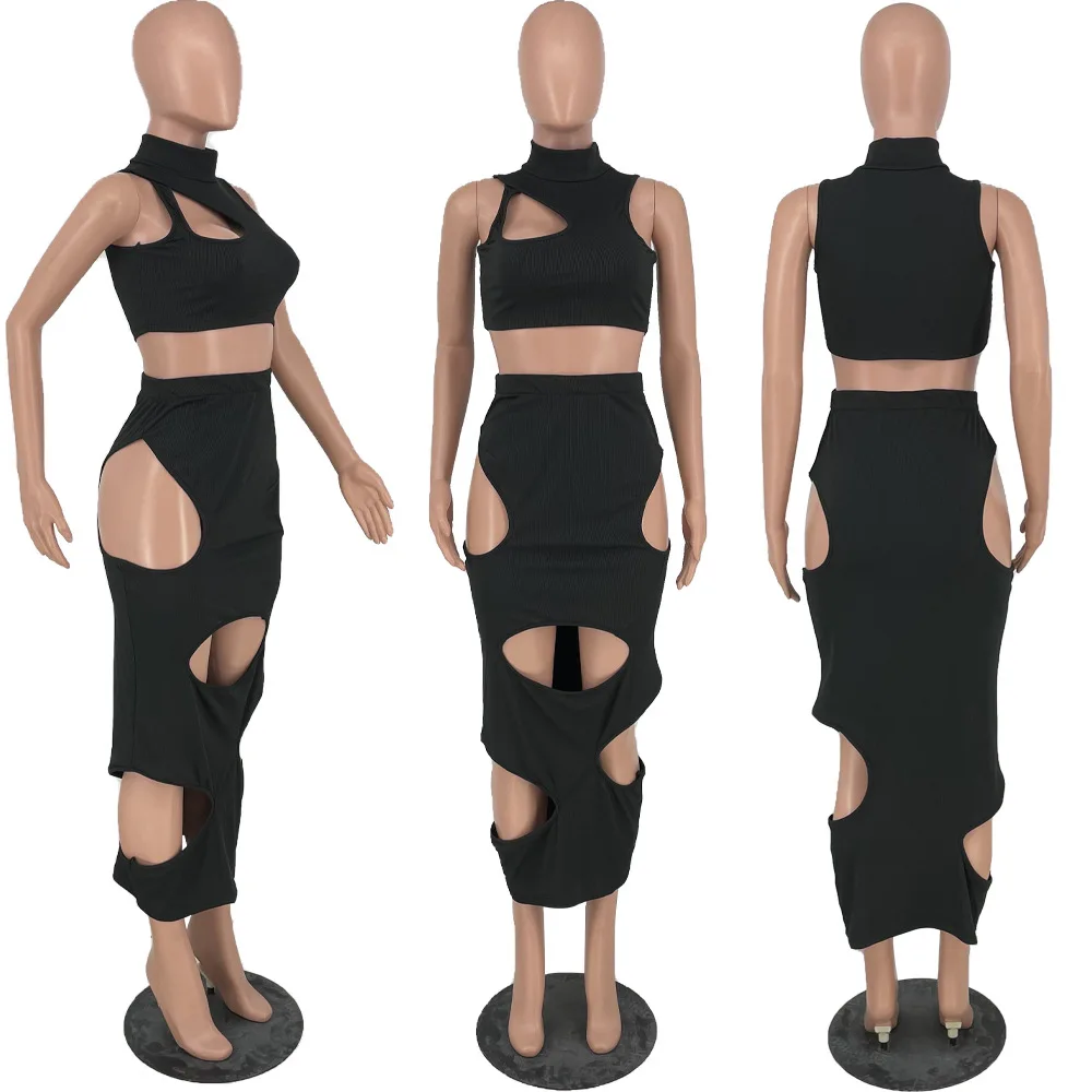 

Sexy Nightclubwear Women Hollow Out Jumpsuits 2021 Summer O-neck Sleeveless Crop Tops High Waist Bodycon Ankle-Length Rompers