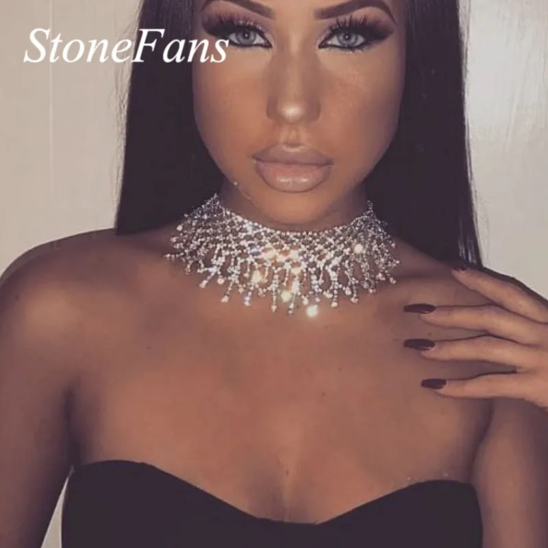 

Stonefans Fashion Rhinestone Long Tassel Collar Choker Necklaces for Women Statement Crystal Choker Jewelry Accessories Necklace