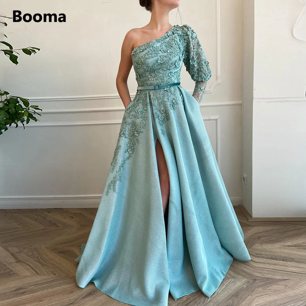 

Booma Green One Shoulder Evening Dresses Bishop Sleeve Lace Appliques High Slit A-Line Prom Gowns Long Formal Party Dresses