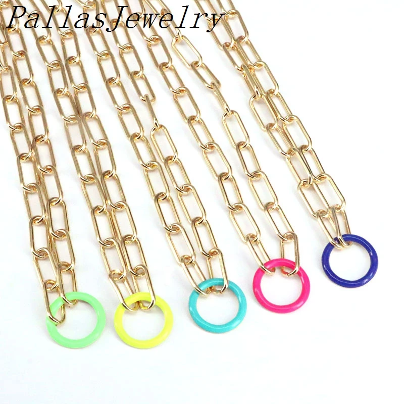 

5Pcs Trendy Red yellow Pink Blue Round Shape Pendant Necklace enamel Charms Pendant Link Chain Necklace