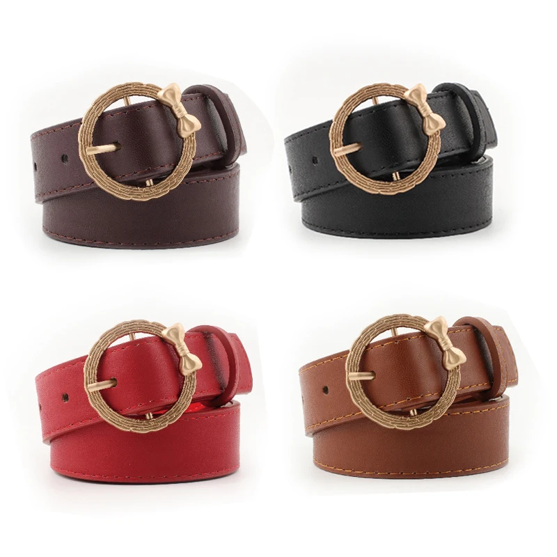 

New Fashion Bow Circle Buckle Belt Women Pu Leather Belts for Women Waistband Retro Wild Pin Buckle Waist Strap Belt for Jeans