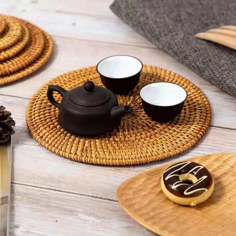 

Rattan Woven Coaster Anti Scald Tea Cup Mat Round Bowl Mat Non-slip Table Pad Multi-Use Heat Insulation Tableware Pad Home Tool