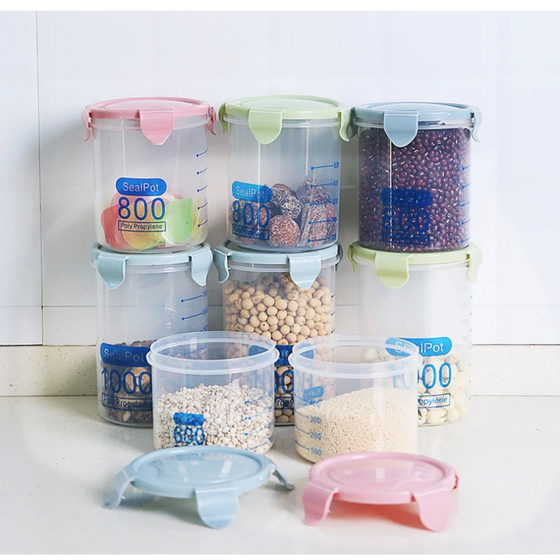 Дешевые 600-1500 мл с измеритель масштаба Кухня Пластик бак для хранения закуски