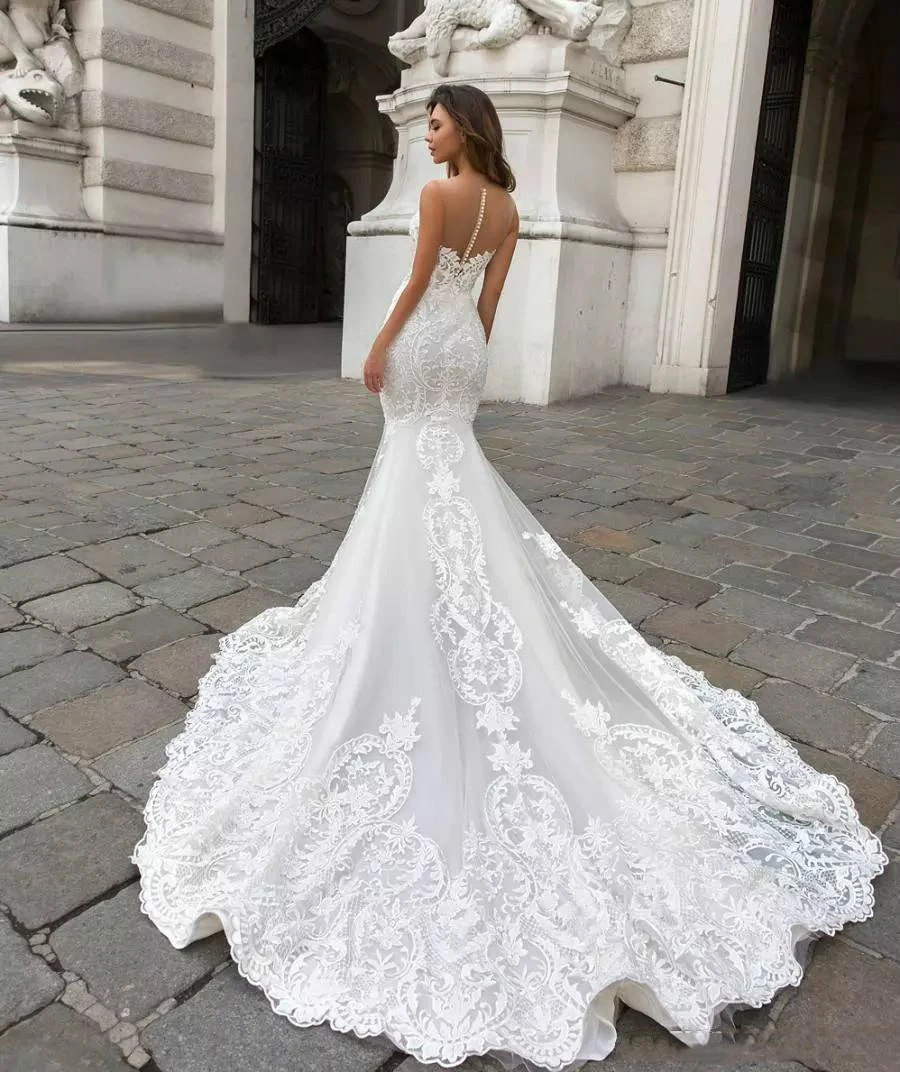 Hot Gorgeous Mermaid Lace Wedding Dresses With Cape Sheer Bohemian Gown Appliqued Plus Size Bridal Vestido De Noiva | Свадьбы и