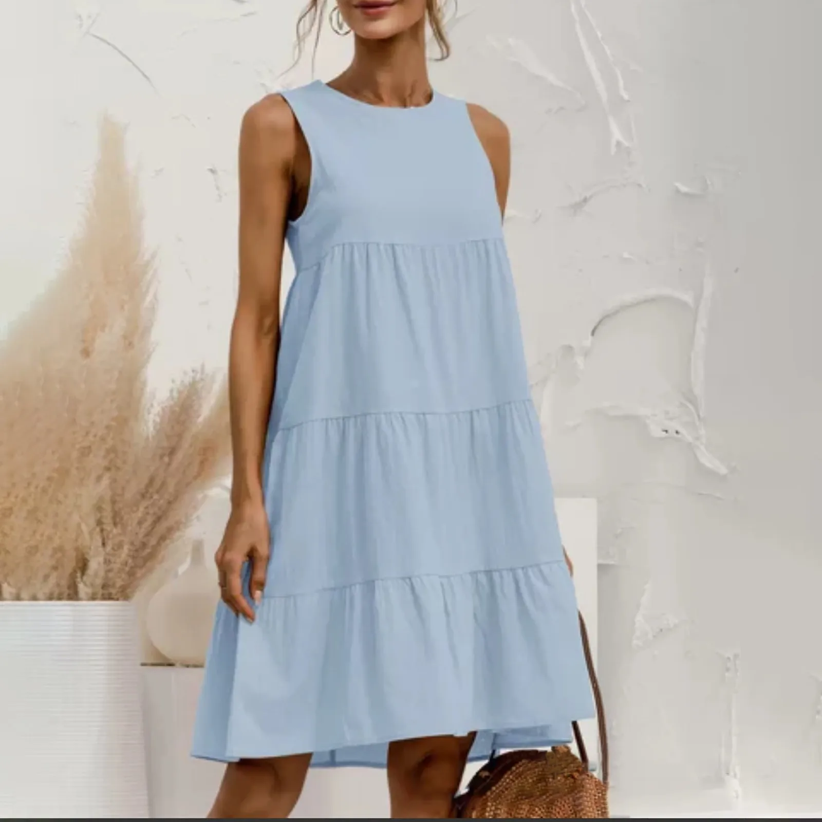 

Женское Хлопковое платье-майка без рукавов, однотонное повседневное свободное платье миди с круглым вырезом и прострочкой, сарафан с широк...