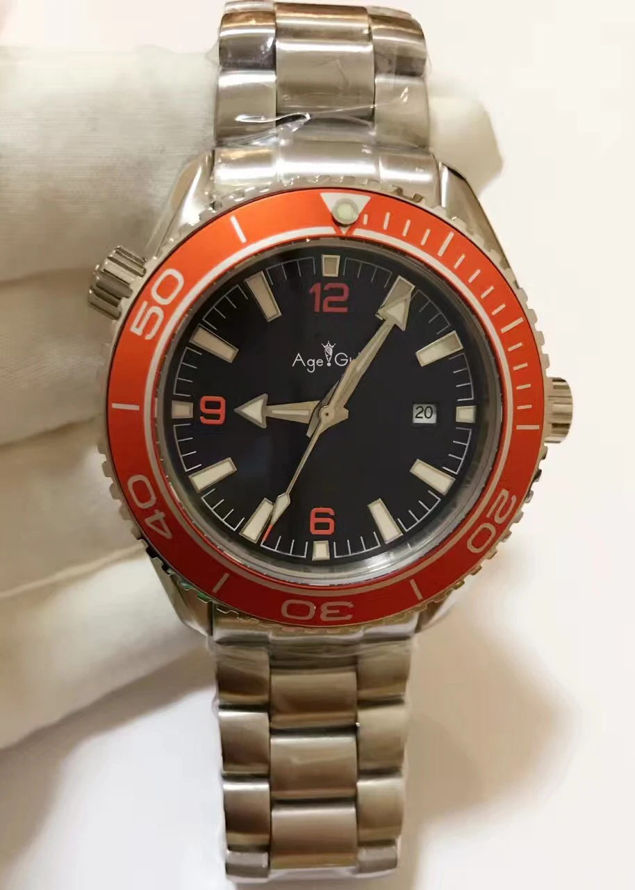 

Classic New Men Automatic Mechanical Watches Luminous Stainless Steel Black Orange Leather Sapphire Classical Professional