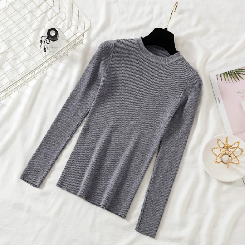 Осенне-зимние женские свитера с длинным рукавом однотонные пуловеры круглым