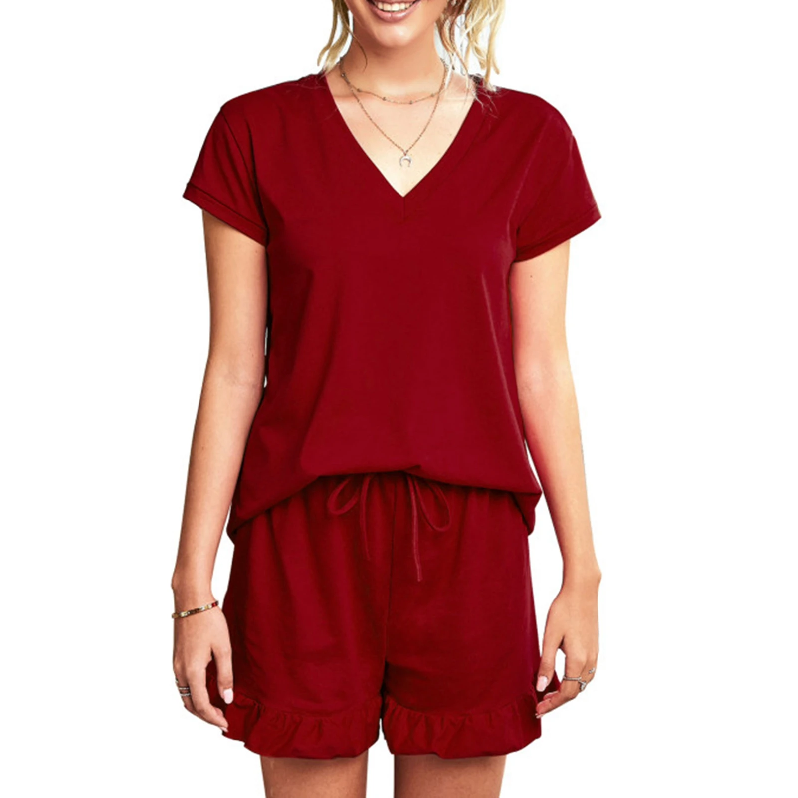 

2Pcs Women Summer Pajama Set, Solid Color V-Neck Short Sleeves Tops + Drawstring Elastic Waist Shorts for Girls