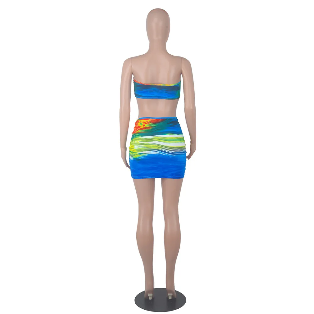 

Multi Print Two Piece Bandage Set Sexy Strapless Corset Tank Tops And Mini Skirts High Waist Drawstring Party Club Outfits Sets