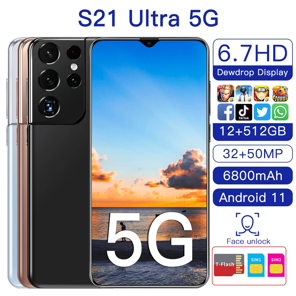 

12GB 512GB Galay S21+Ultra Smartphone 6.7 HDinch 6800mAh Global Version 5G Android10.0 Mobile Phone 32MP+50MP Cellphone