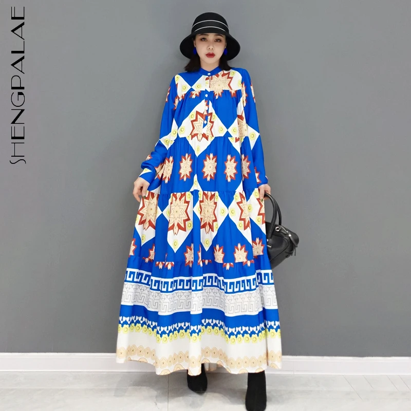 

SHENGPALAE Fashion Blue Printed Shirt Derss Women's Autumn 2021 New Round Neck Loose Single Braested Long Sleeve Mid-calf Dress