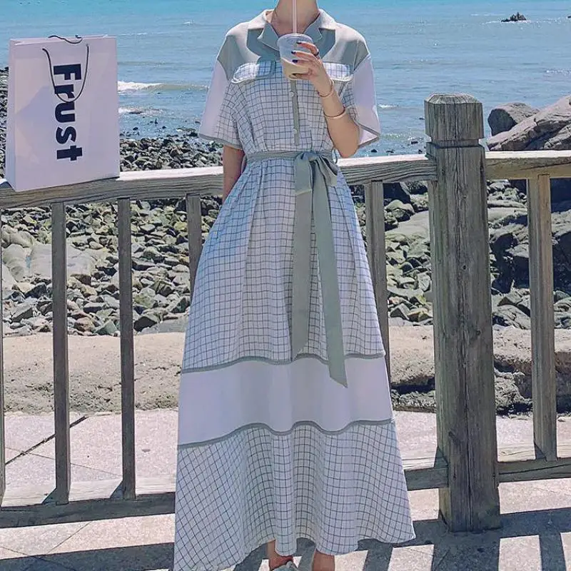 

2021 Summer Fairy Sweet Dress Women New Waist Slimming Simple Lattice Mori French Belt Short Sleeve Long Dress Free Shipping