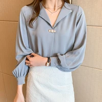 new notched beading blouse office lady shirt women pullover long sleeve tops 2022 spring autumn chiffon womens blouses clothing