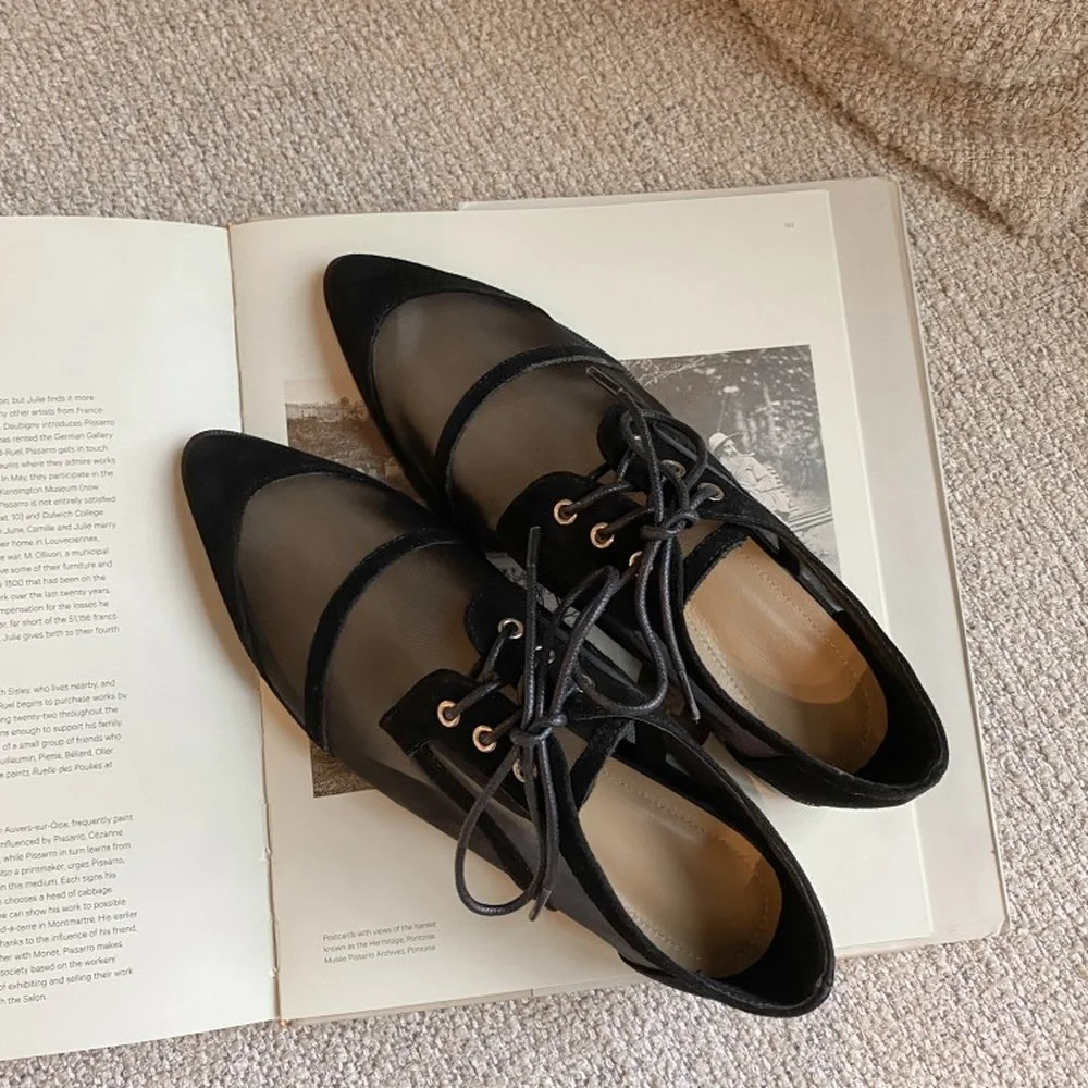 

Womens Pointed Toe Mesh Sandals Casual Lace Up Summer Flats Breathable Shoes OL Low Heel Plus Size Black New 2021