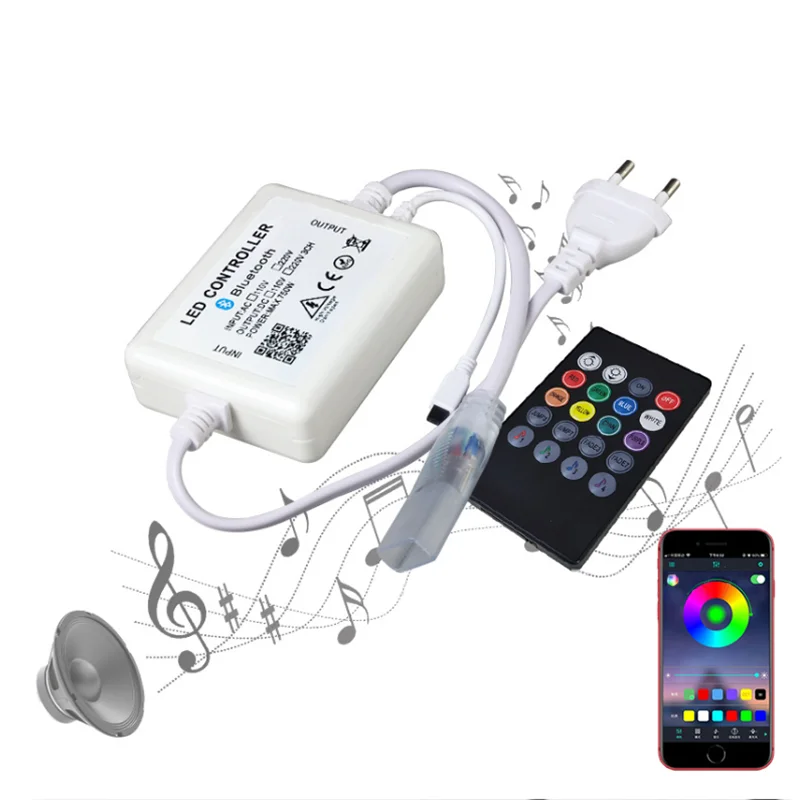 

220V 110V colorful RGB strip light with bluetooth APP controller high voltage 20-key music sound control driver compatible