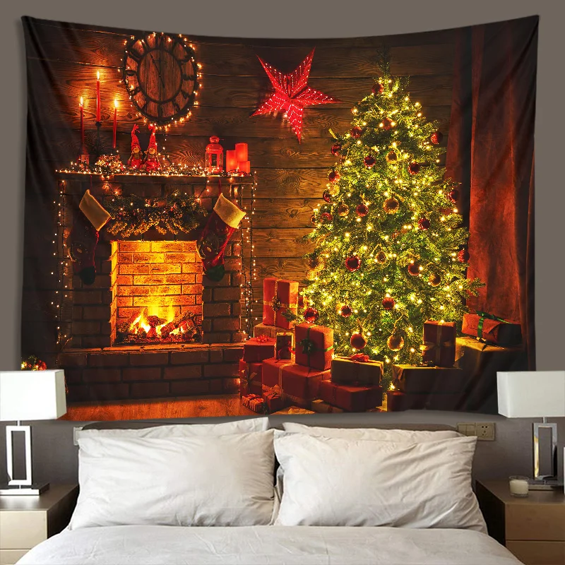 

Fireplace Christmas tree tapestry Christmas day hanging cloth scene decoration hanging cloth wall cloth multiple sizes 95x73cm