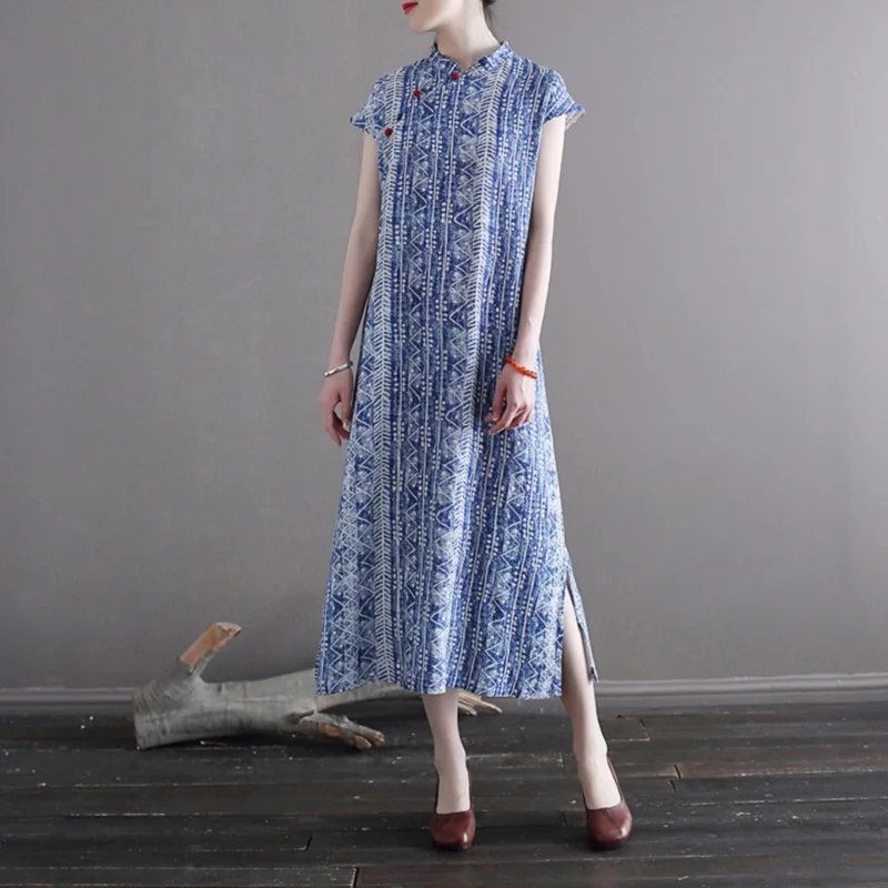 Cotton and Linen Digital Printing Chinese Style Blue Printed Retro Cheongsam Dress Women's Clothing 2021