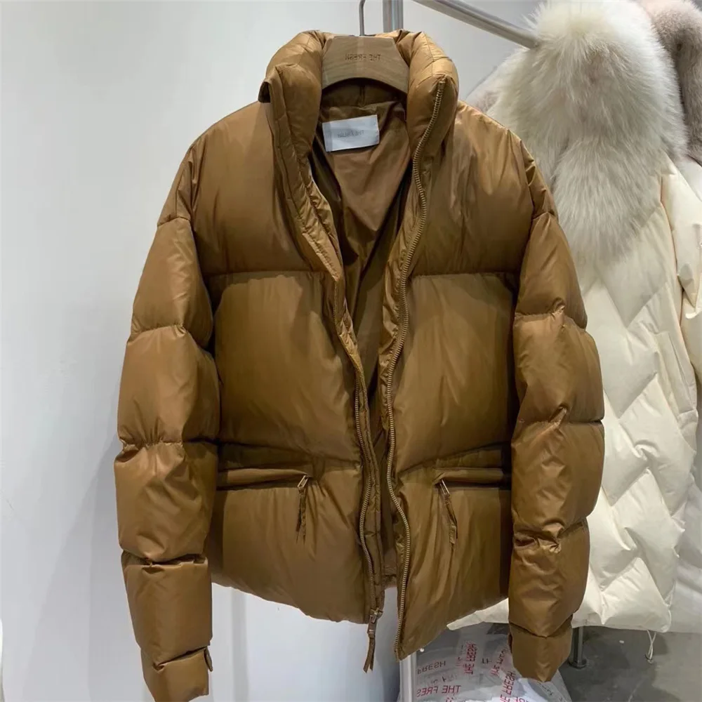 2021 Women's Winter New Stand Collar Solid Color Zipper Casual White Duck Down Coat For Ladies Fashion Thick Warm Short Jacekt