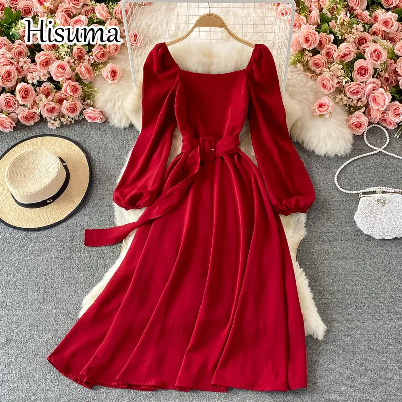 

2021 autumn new women square collar lantern sleeve chiffon A-line dress female pure color Chic elegant belt waist party dresses