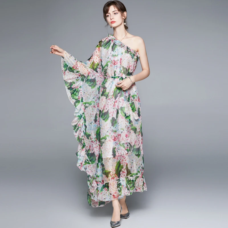 

Sexy One-Shoulder Chiffon Boho Maxi Dress With Lace Up Floral Printed Elegant Party Vestidos Vogue Ruffles Holiday Beach Outfits
