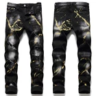 Мужские светильник роскошный новый бренд джинсы краски принты эластичный пояс для похудения черные джинсы царапины рваные джинсы.
